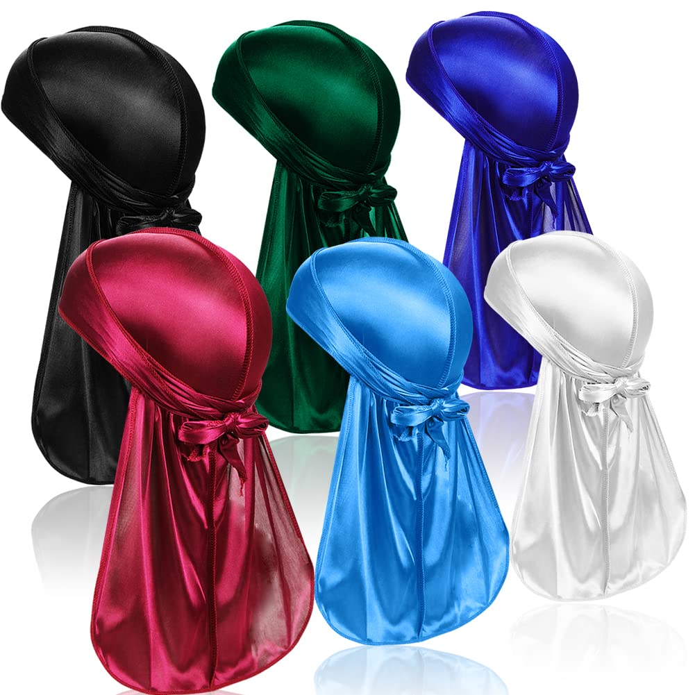 Silky Durag Headwraps for Men and Women | 6 Pcs Waves Dorag with Long Tail and Wide Straps | 6 Colors | Perfect for Prot
