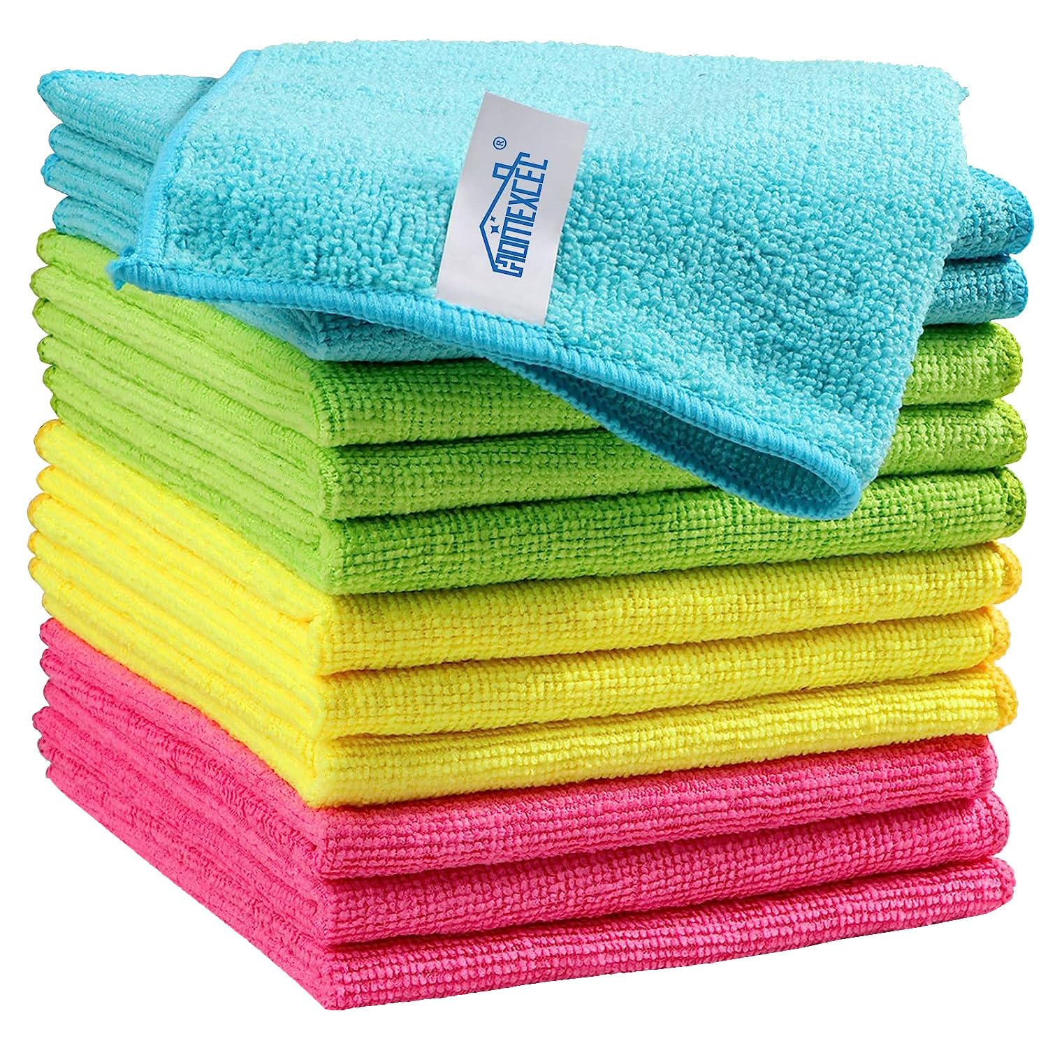 HOMEXCEL Microfiber Cleaning Cloth 12 Pack Green/Blue/Yellow/Pink Cleaning Towels