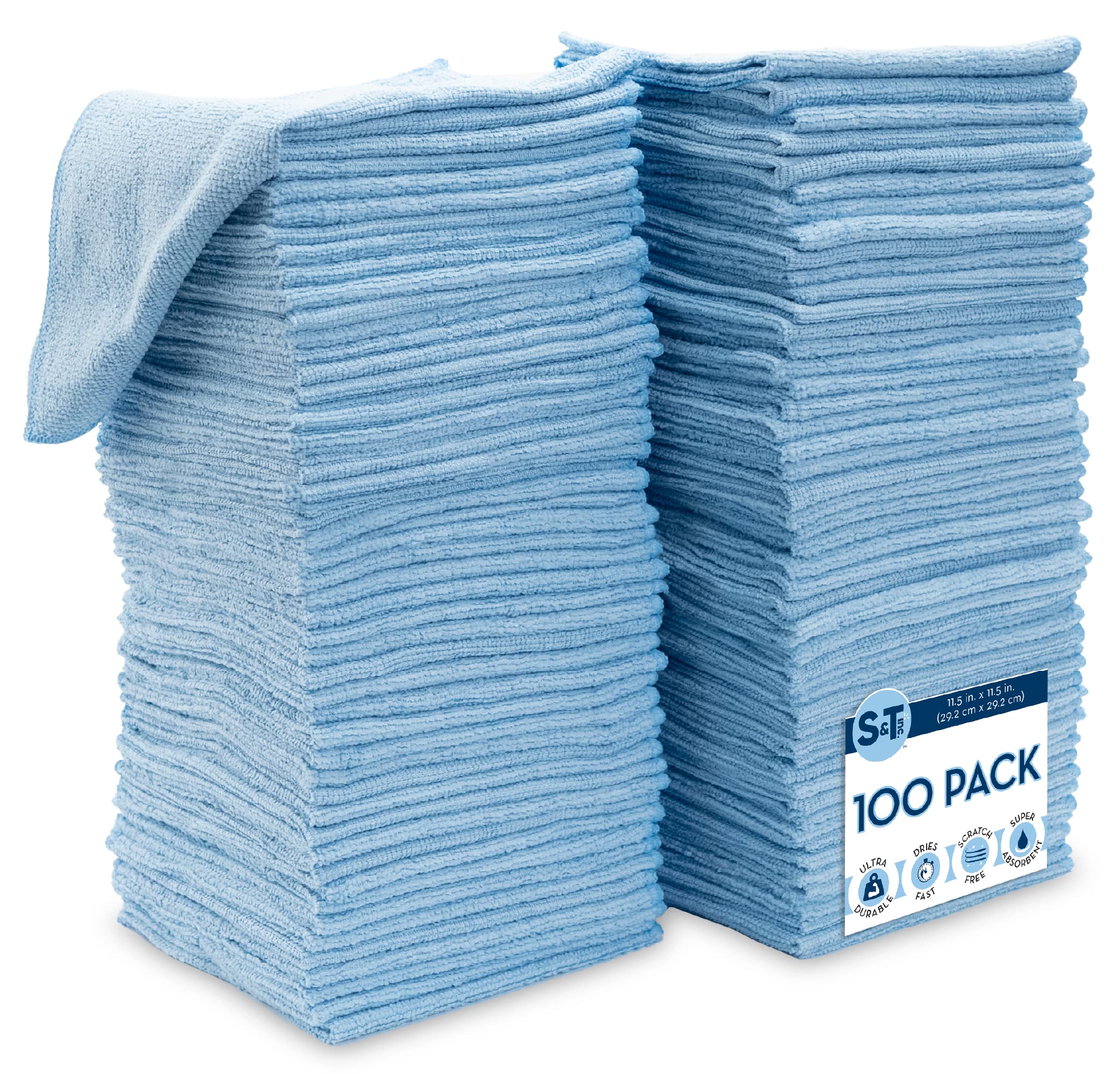 S&T INC. 100 Pack Microfiber Cleaning Cloth for Cars and Home [Amazon-developed Certification] Light BlueReusable Microf